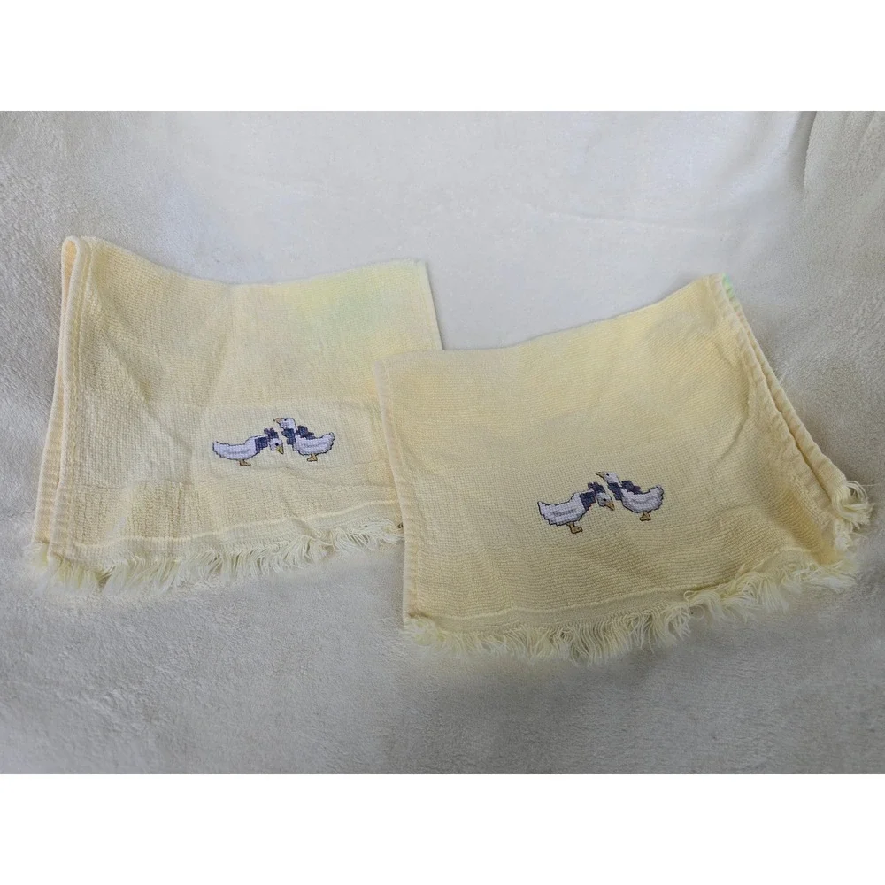 Vintage Yellow Hand Towels Set of 2 Cross Stitch Geese Blue Bows Fringed Edge